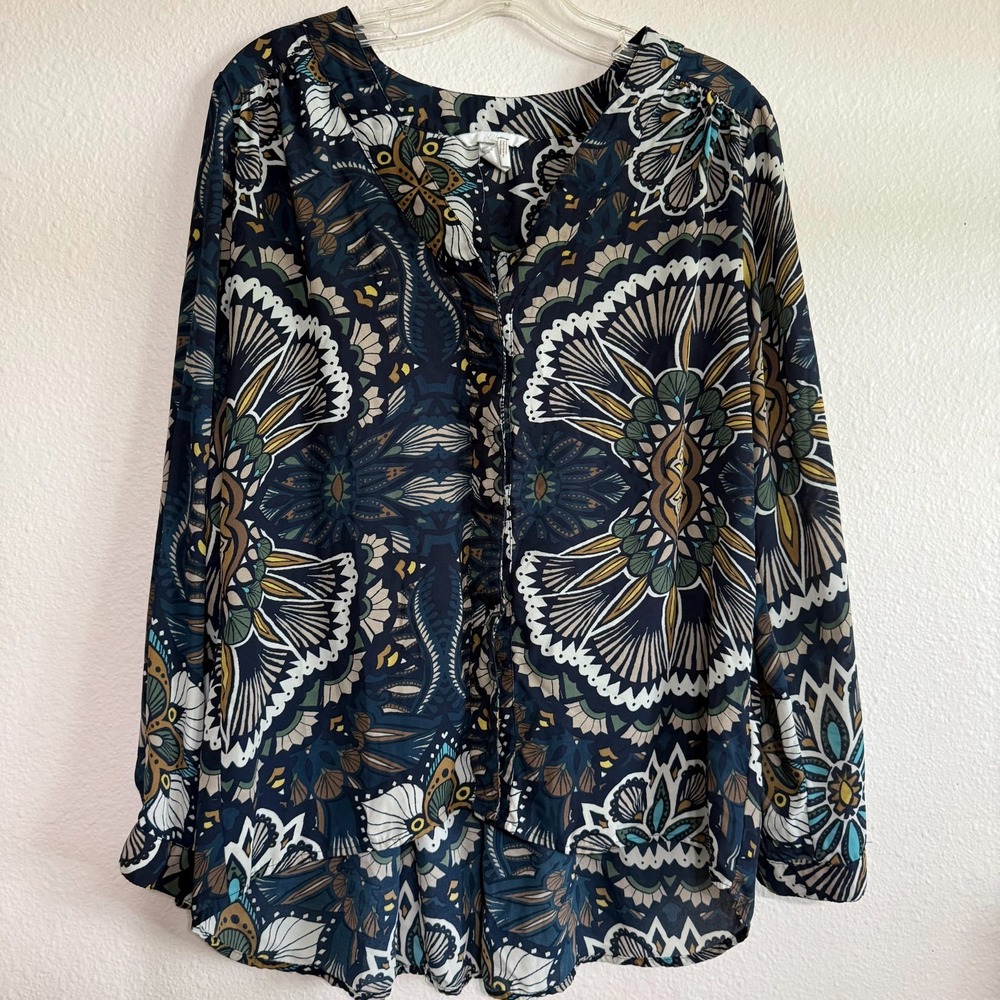 H&M Long Tail Sheer Blouse Womens Size 6 Navy Blue Floral Long Sleeve Button Top